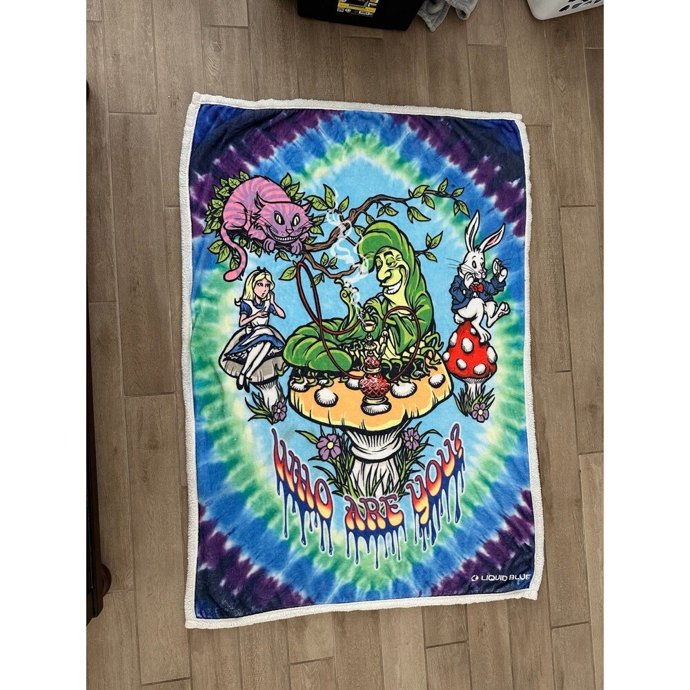 Liquid Blue Alice Wonderland Who Are You Tie Dye Sherpa Blanket Psychedelic